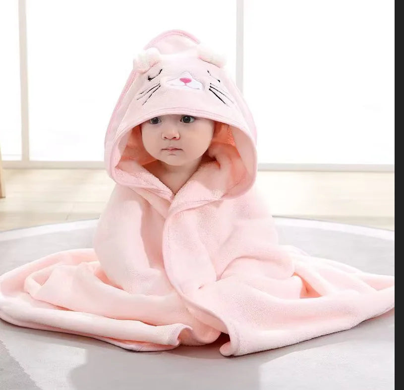 Toddler Bathrobe Infant Bath Towel Boy Girl Blankets Swaddle With Hood Cartoon Coral Fleece Towel Blanket Newborn Kids Bedding