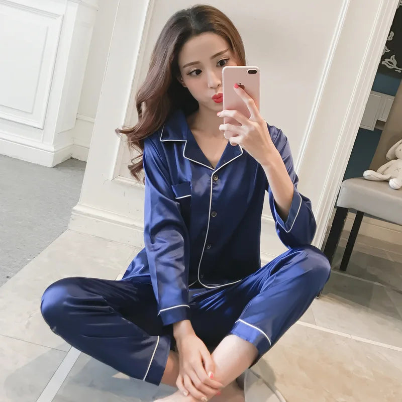 Pajamas Sets for Women Sexy Silk Polyester Women Pijama Sets Sleepwear Long-sleeve Cardigan Set Female Pyjamas Home Clothing