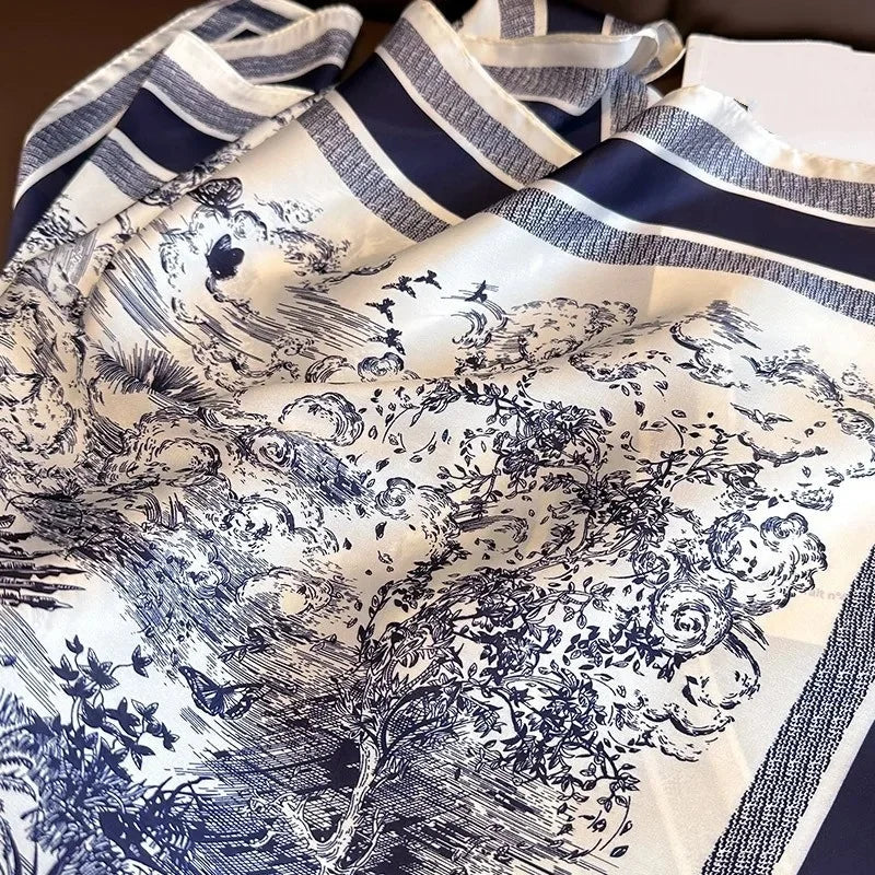 1pcs  Vintage Plant Jungle Printed Square Scarf Women Soft Simulated Silk Versatile Headwear Bag Clothing Decor Accessory