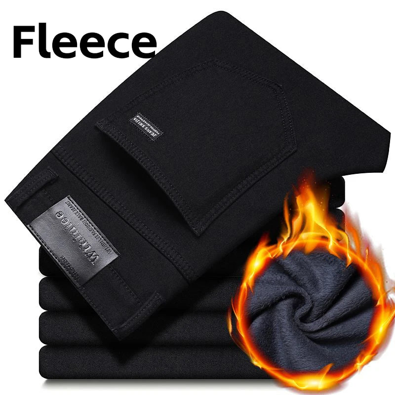Wthinlee New Business Men's Jeans fleece Casual Straight Stretch Fashion Classic Blue Black Work Denim Trousers Male  Clothing