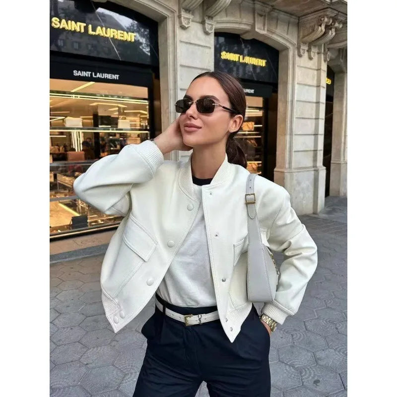 MUJER 2025 Woman Bomber Jacket White Autumn Winter Button Cropped Jackets for Women Fashion Long Sleeve Women Coats Outerwears