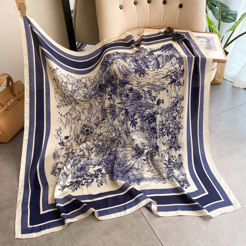 1pcs  Vintage Plant Jungle Printed Square Scarf Women Soft Simulated Silk Versatile Headwear Bag Clothing Decor Accessory