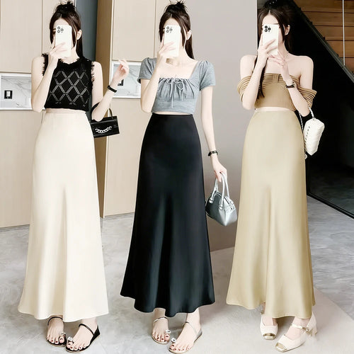 Acetic Satin Fishtail Skirt Woman Korean Fashion Elastic High Waist Skirts for Women Spring/Summer 2024 New Chic Lady Skirts
