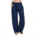 Women's Cotton Linen Pants Casual Loose Solid Elastic Waist Pocket Straight Trousers Ladies Oversize Wide Leg Pant Streetwear