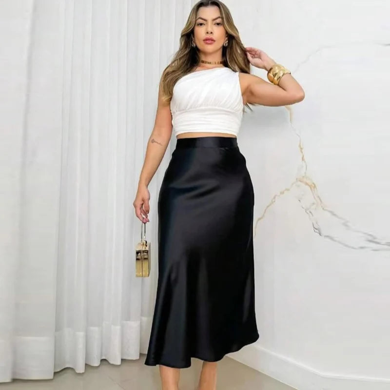 Women 2025 Satin Black Skirt